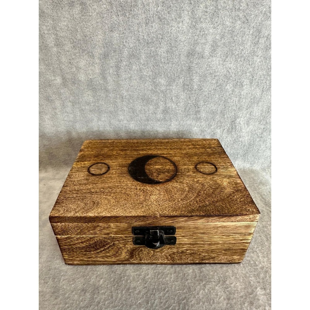 The Moon Deck Wooden Storage Box Celestial Moon Design Hinged Lid Trinkets